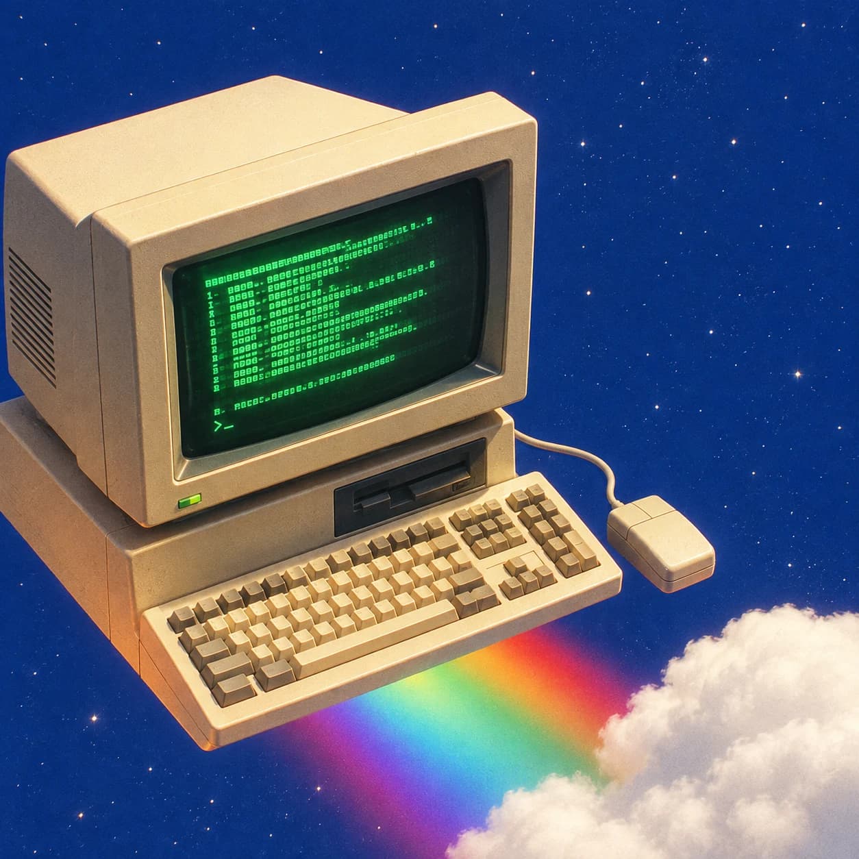 A vintage computer with a green terminal, suspended in a blue sky