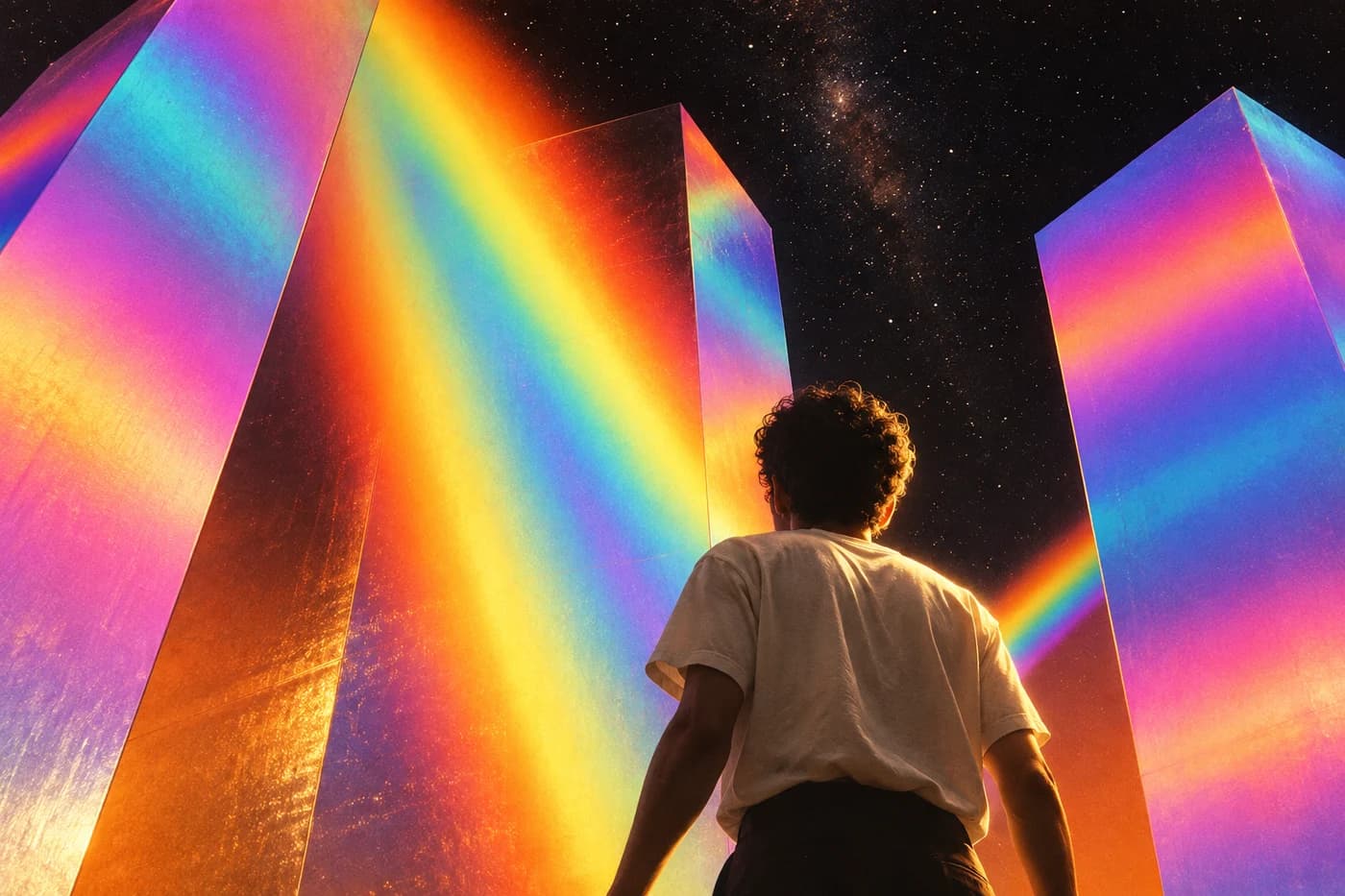 A founder looking up at towering prisms filled with rainbow light