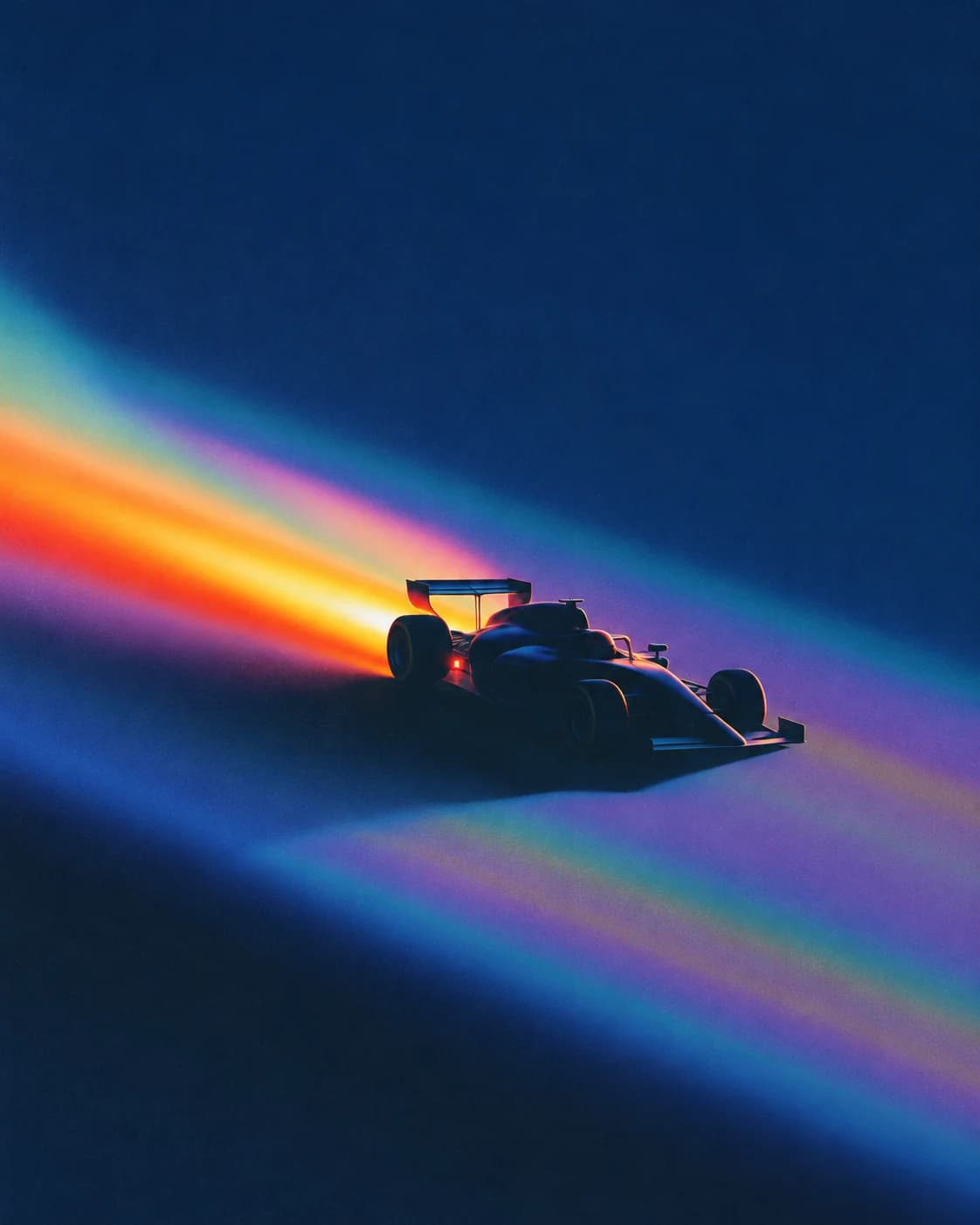 A racing car accelerating through luminous rainbow light against a deep blue background