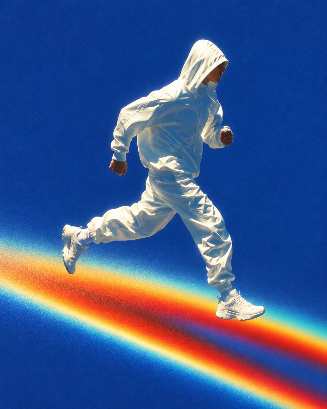 A runner in an ivory tracksuit taking a leap over a rainbow beam