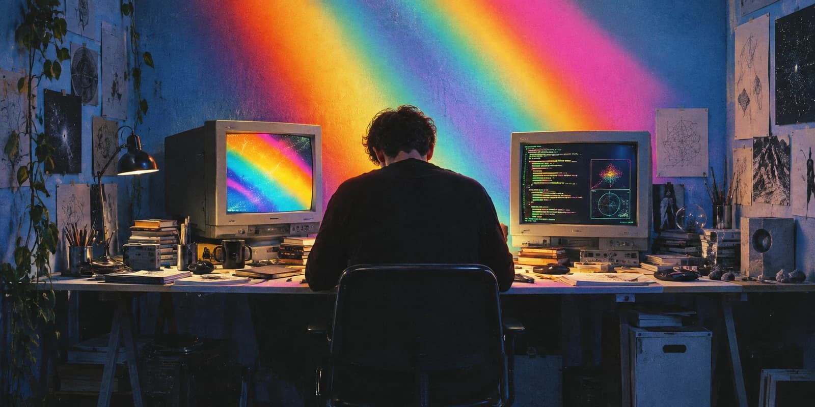 A builder at a retro computer desk illuminated by a spectrum of light
